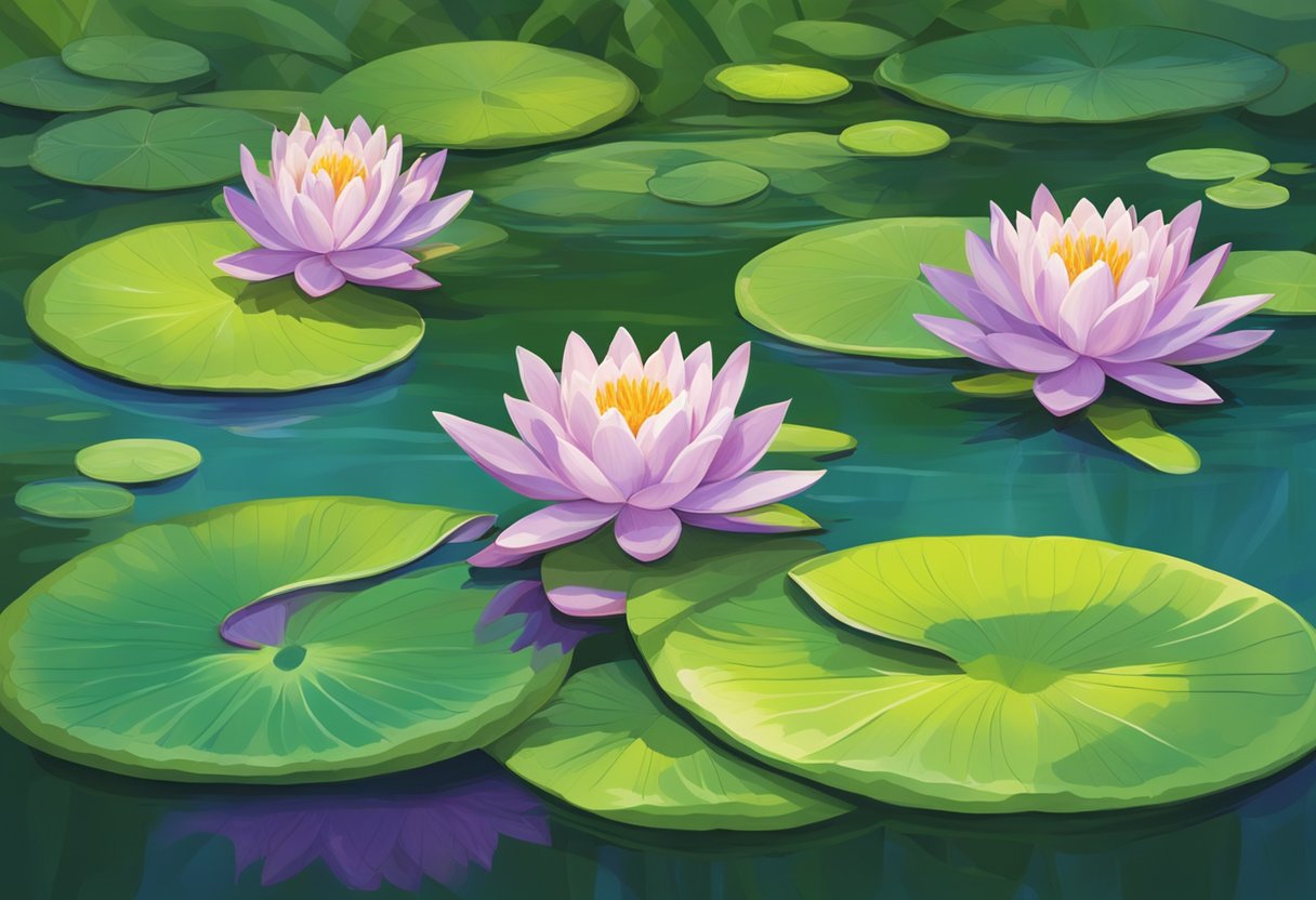 Vibrant water lilies float gracefully on the surface of a tranquil pond, surrounded by lush green foliage and the gentle ripples of the water