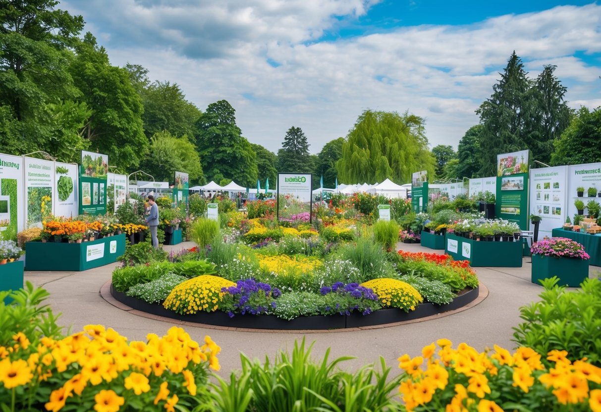 A lush garden with colorful flowers and greenery, surrounded by booths and displays showcasing different gardening techniques and products