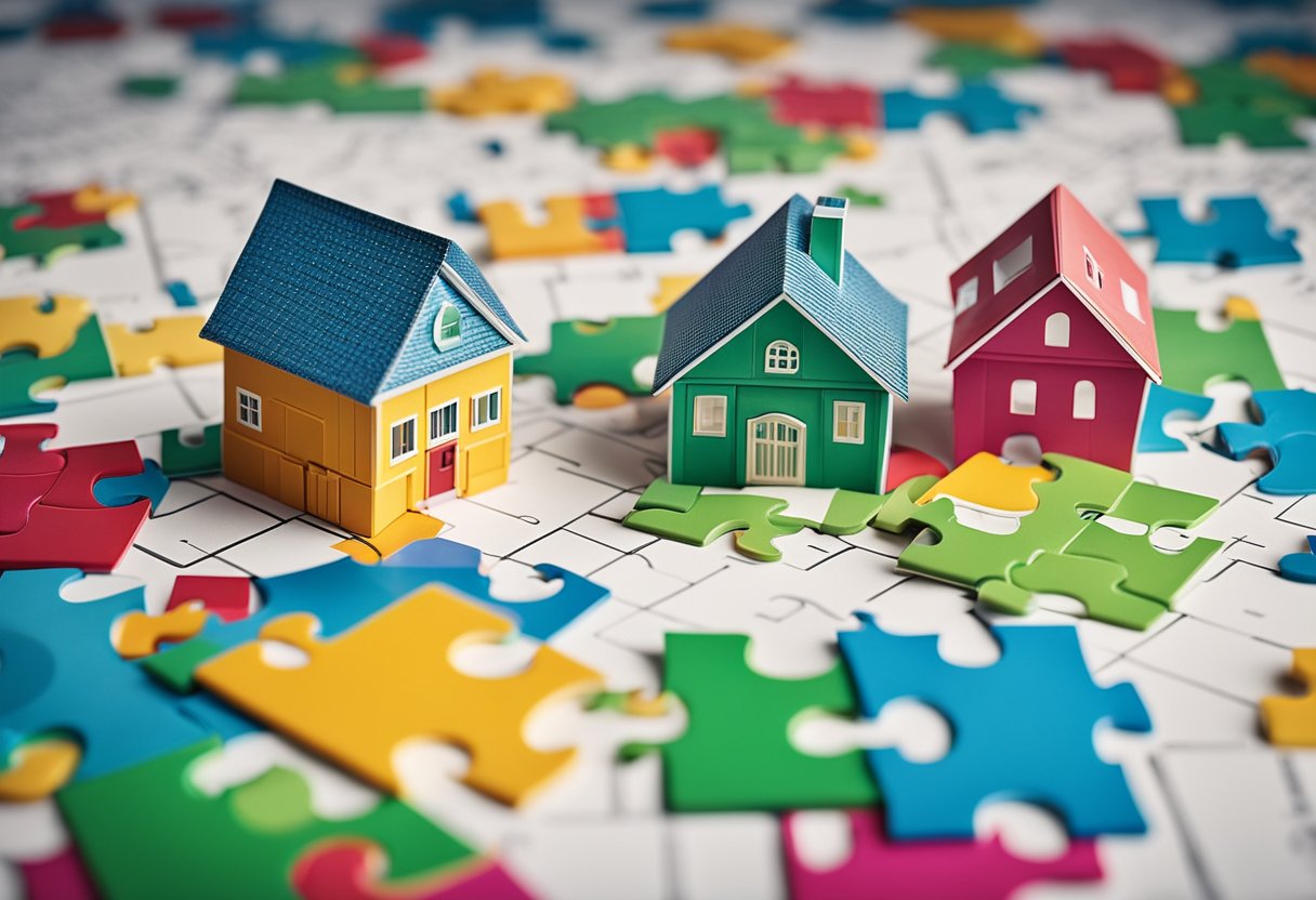 A stack of colorful puzzle pieces fitting together to form a house, surrounded by financial charts and graphs