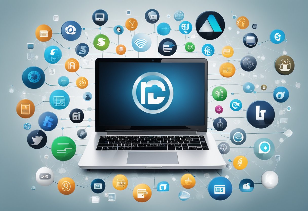 A laptop surrounded by various financial technology icons and symbols, with social media logos in the background