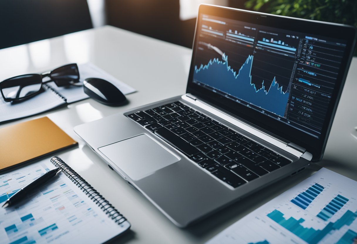 A laptop surrounded by financial charts and graphs, with a pen and notebook nearby