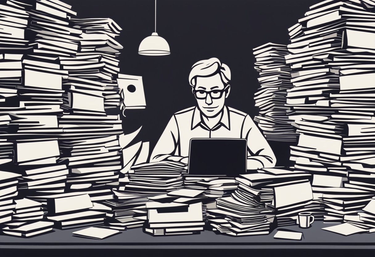 A writer surrounded by stacks of papers and a computer, typing and researching for fintech FAQs