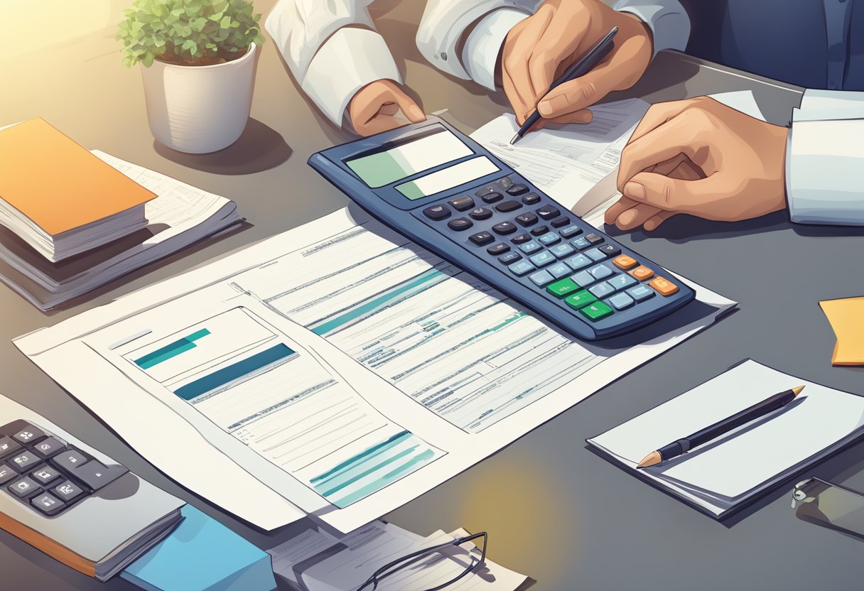 A person reviewing a document titled "10-Year Rule for RDSP Withdrawals" with a calculator and financial statements spread out on a desk