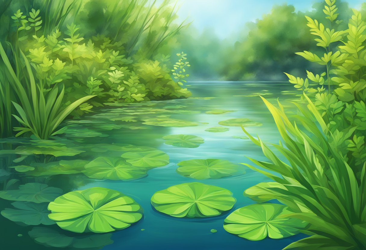 Lush green pond weed bunches sway gently in the crystal-clear water, surrounded by vibrant oxygenating plants