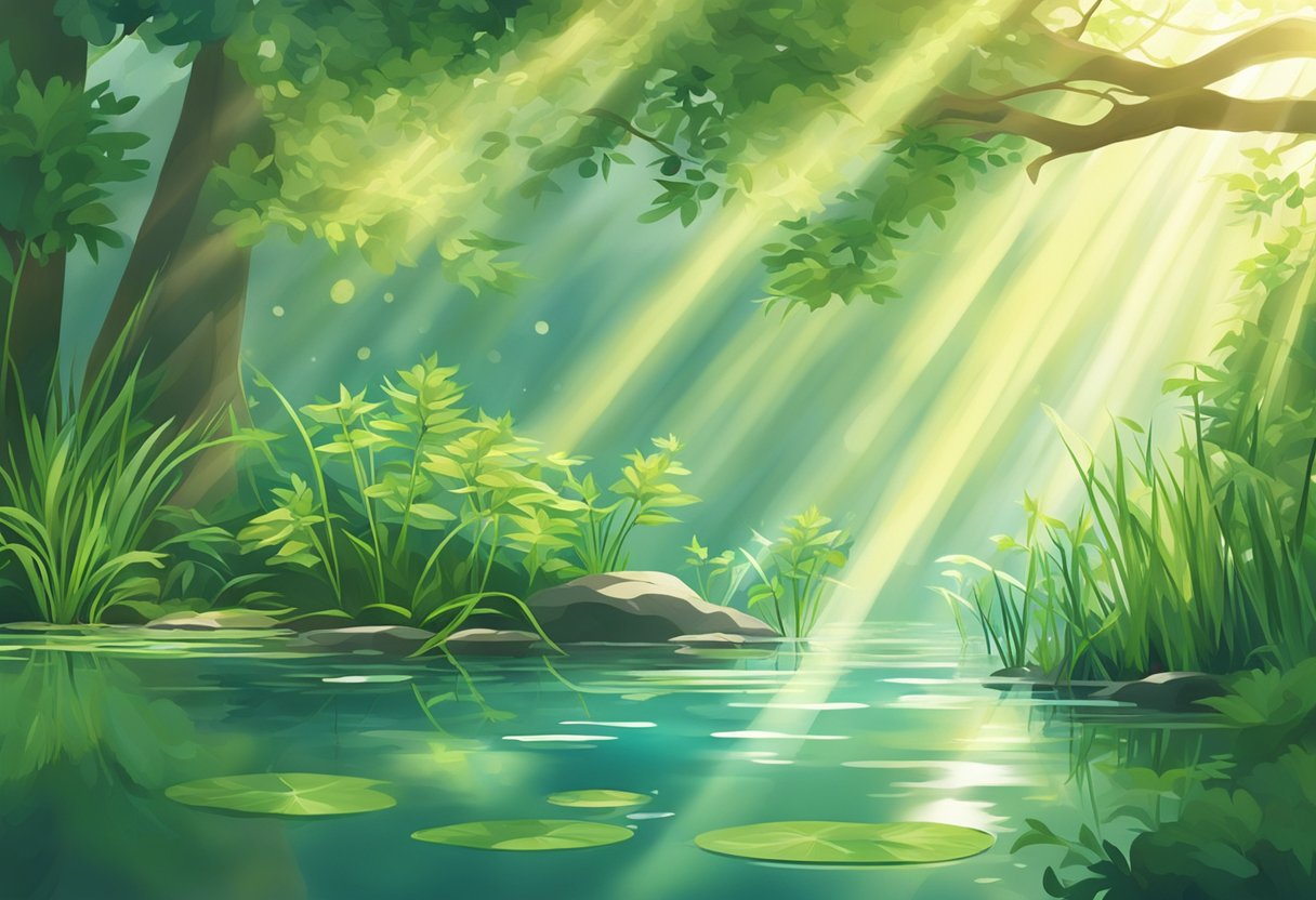 A clear pond with sunlight streaming through the water, showcasing lush green oxygenating pond weed bunches and plants swaying gently in the current