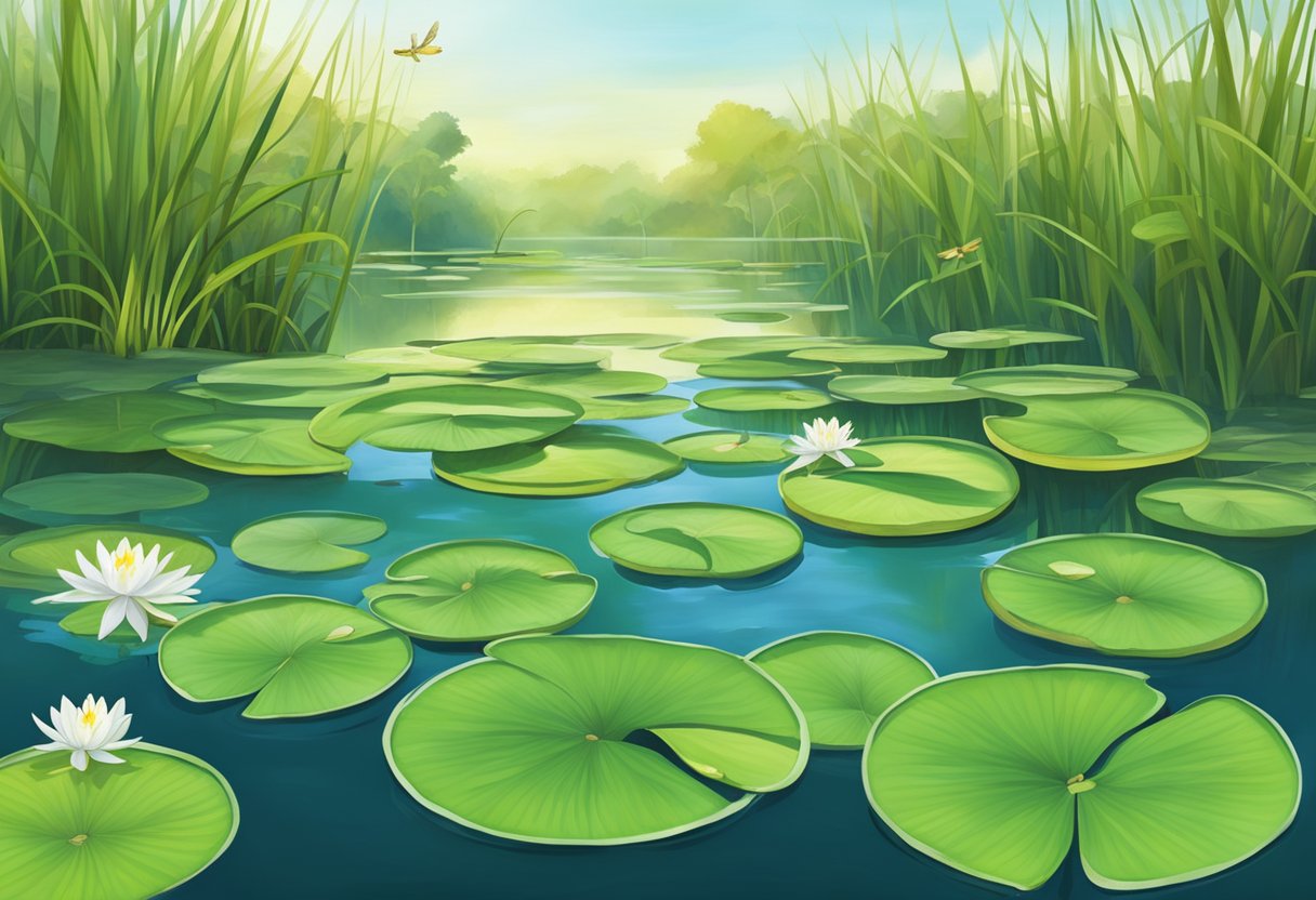 Lush green lily pads and delicate water hyacinths float on the surface of a tranquil pond, surrounded by tall grasses and colorful dragonflies