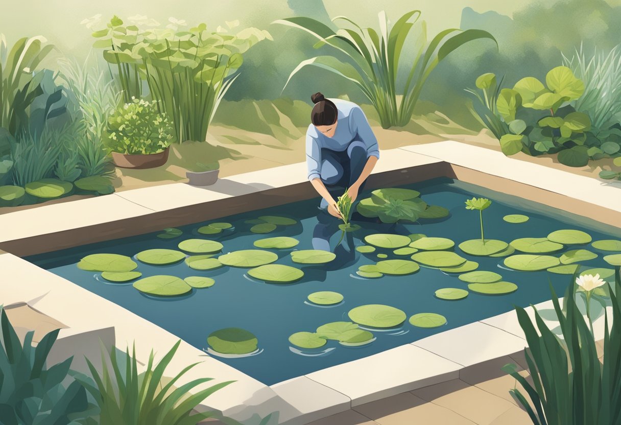 A person carefully planting and arranging floating pond plants in a serene, sunlit pond