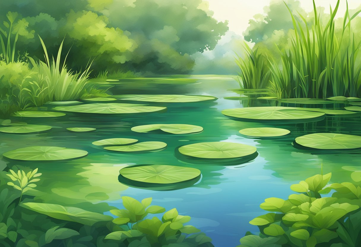 A serene pond with luscious green floating plants covering the surface, effectively controlling algae growth