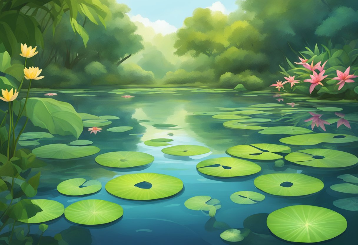 A serene pond with lily pads and other floating plants, surrounded by lush greenery and teeming with aquatic life