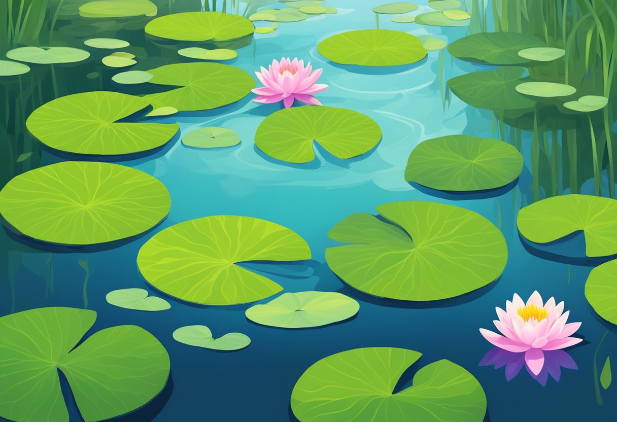 A serene pond with vibrant water lilies floating on the surface, surrounded by lush green foliage and reflected in the calm, clear water