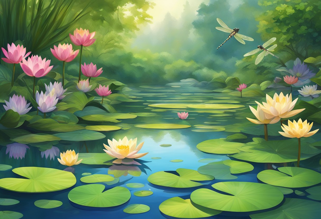 A serene pond with a variety of water lilies in full bloom, surrounded by lush green foliage and colorful dragonflies hovering above