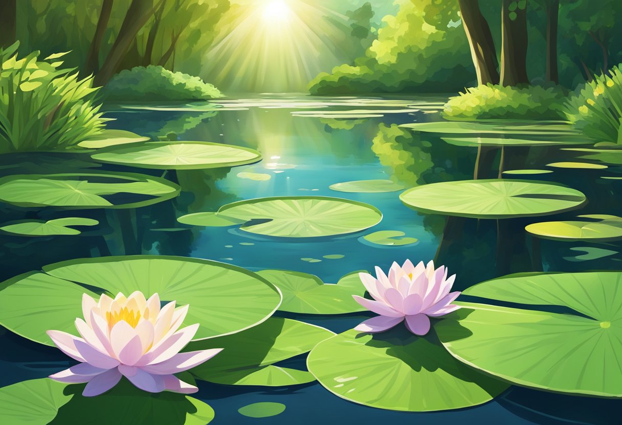 A serene pond with water lilies floating on the surface, surrounded by lush green foliage and dappled sunlight filtering through the trees