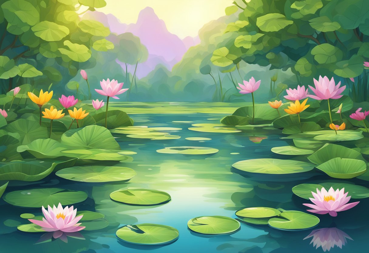 A serene pond with various water lilies floating on the surface, surrounded by lush green foliage and vibrant flowers