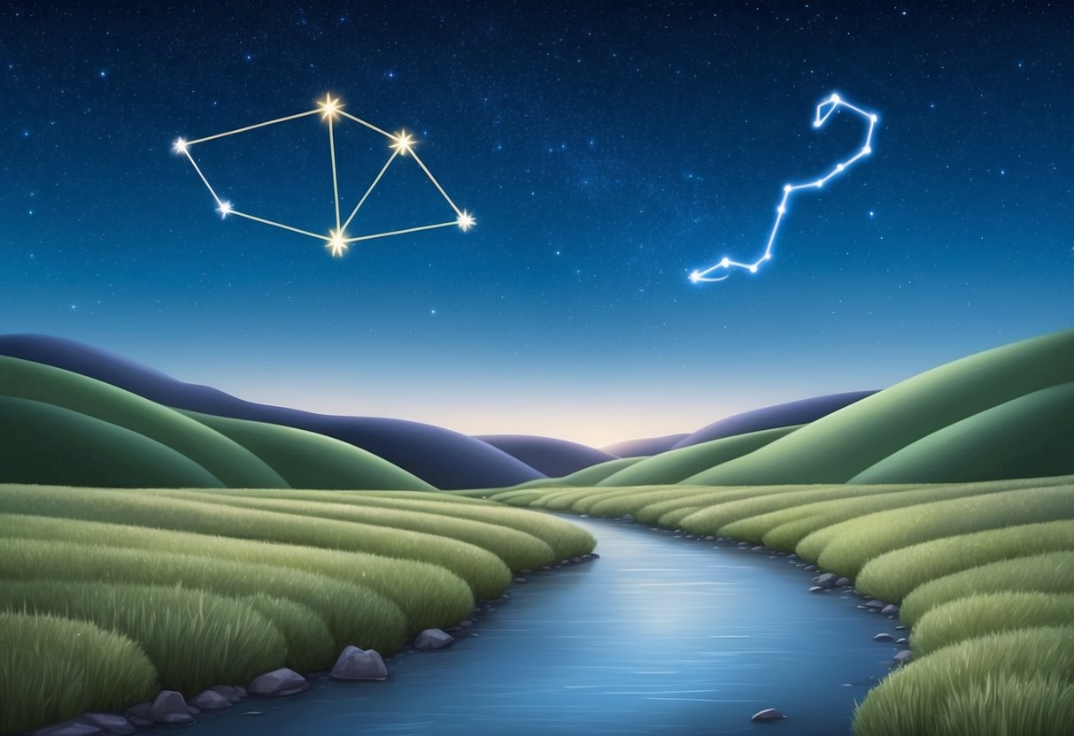 A serene night sky with the constellation of Virgo and Scorpio shining brightly above a tranquil landscape of rolling hills and a calm river flowing through