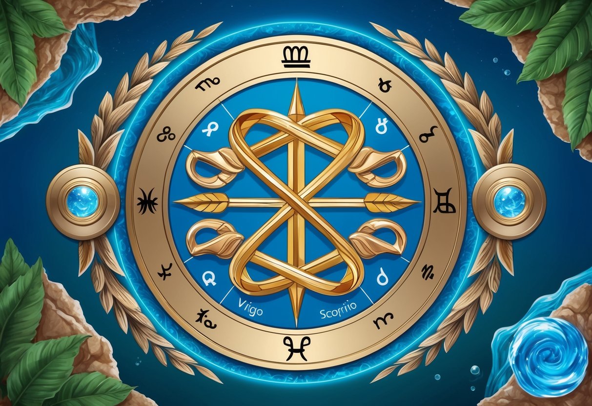 A detailed zodiac wheel with Virgo and Scorpio symbols intertwined, surrounded by earthy and watery elements