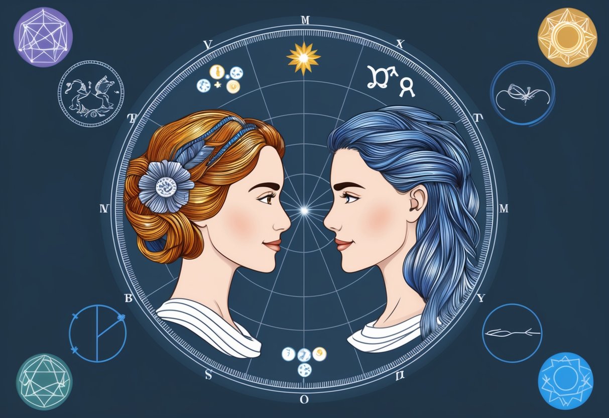 A detailed zodiac chart showing the compatibility between Virgo and Scorpio