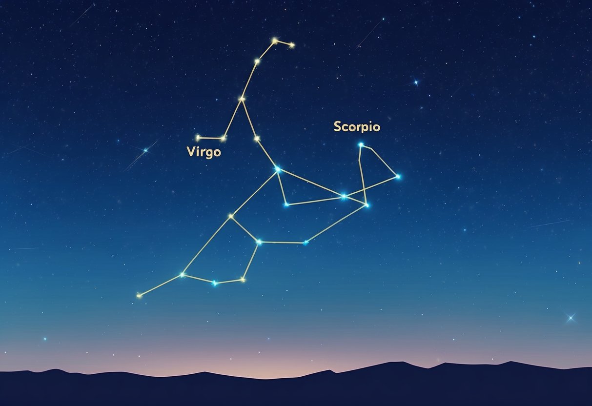 A serene night sky with the constellation Virgo and Scorpio in close proximity, surrounded by a celestial backdrop of stars