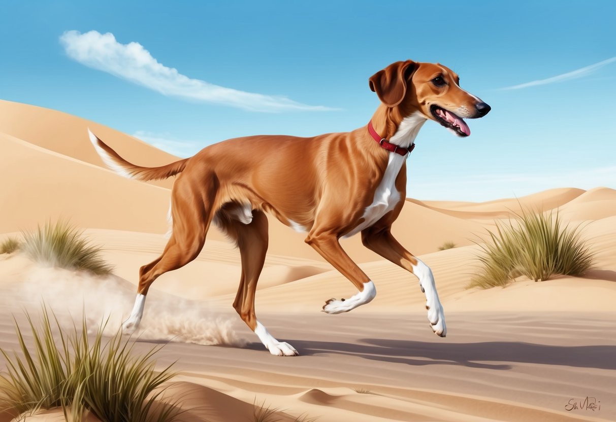 A Saluki dog running through a desert landscape, with sand dunes and a clear blue sky in the background