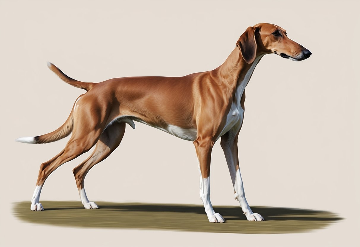 A Saluki dog stands tall and lean, with a slender body, long legs, and a graceful, elegant posture. Its smooth, silky coat flows as it moves with effortless speed and agility