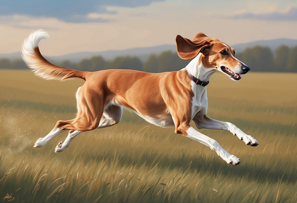 A Saluki dog running gracefully through a field, ears and tail flowing, with a focused and determined expression