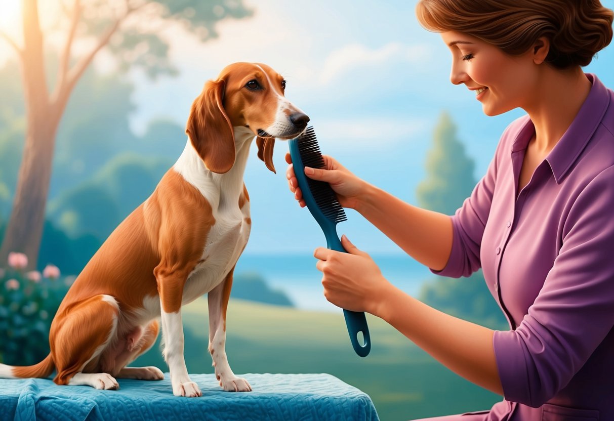 A Saluki dog being gently brushed and groomed by a caring owner in a peaceful and relaxing environment