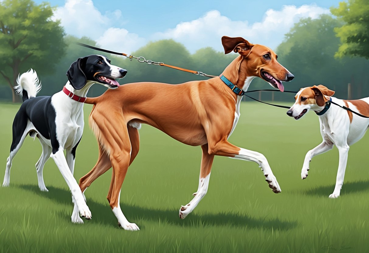 A Saluki dog participating in training and socialization activities with other dogs in a spacious outdoor setting