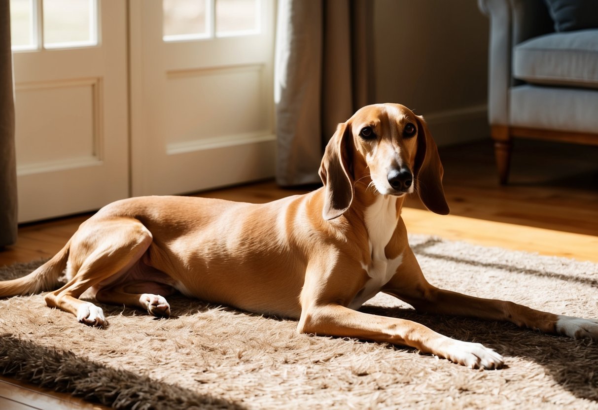 A Saluki dog lounges in a sunlit room, its elegant, slender form relaxed and graceful. The dog's long, silky coat catches the light as it rests on a plush rug