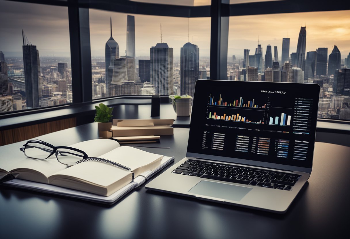 A desk with a laptop, notebook, and pen. A stack of real estate books and charts. A city skyline in the background