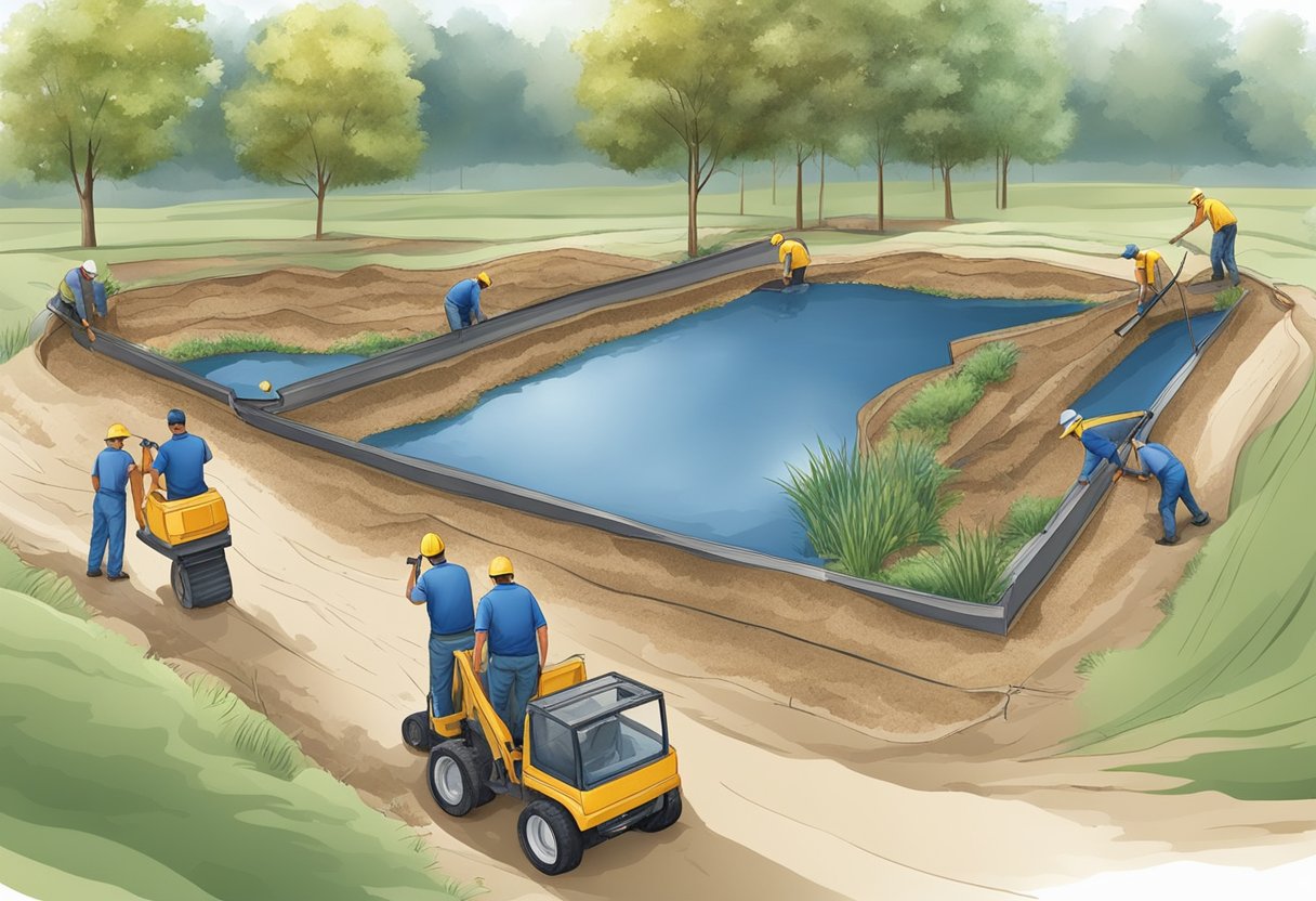 A group of workers excavating a pond, shaping the layout, and installing a new pond liner