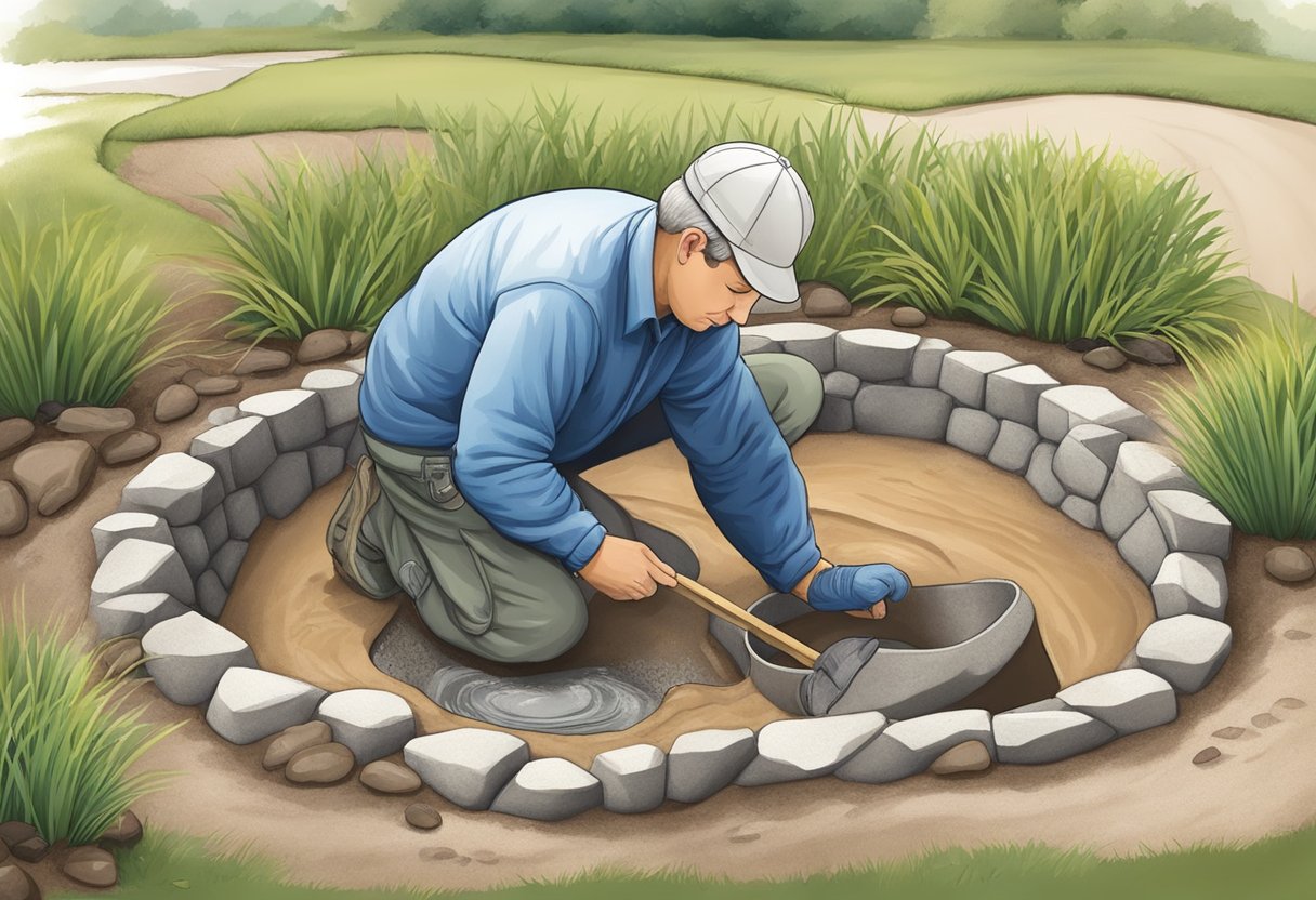 A person laying and anchoring a pond liner in a hole, smoothing out wrinkles and securing the edges with rocks and soil