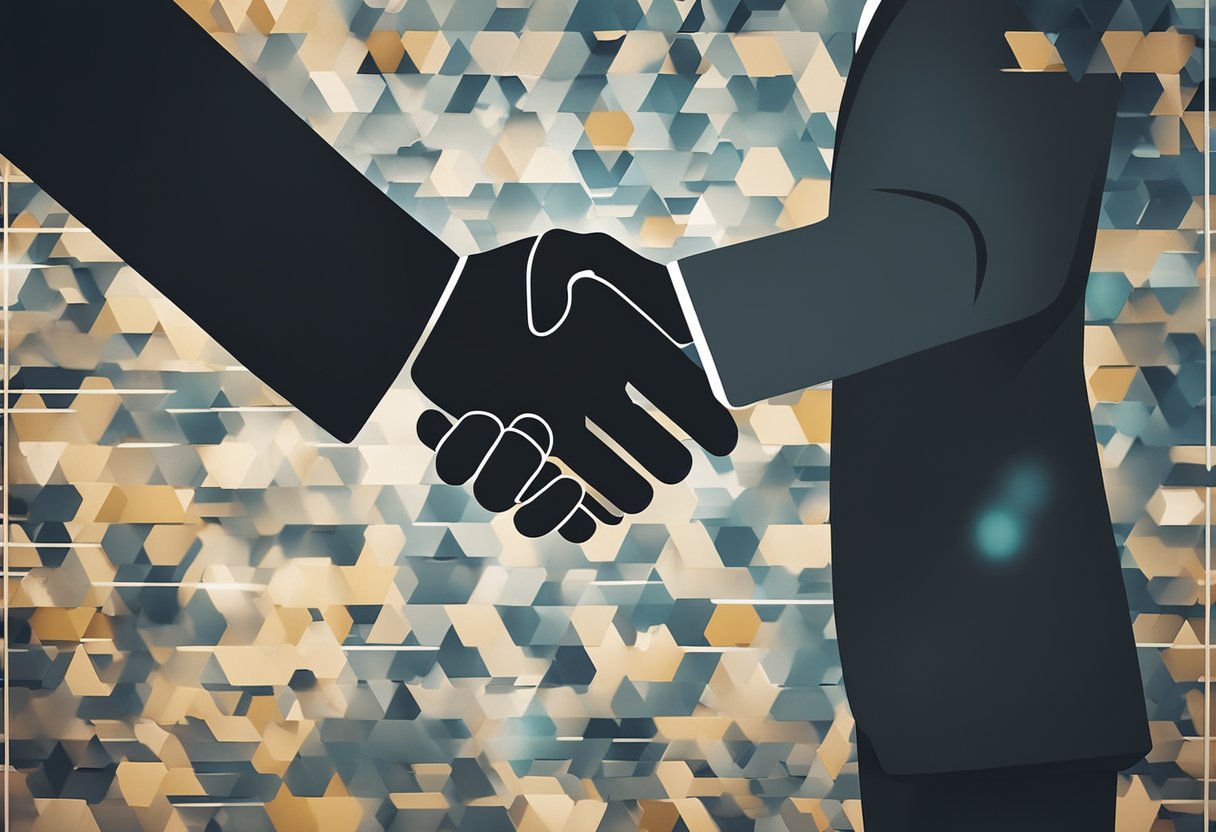 A person and a client shaking hands in front of a wall with frequently asked questions written on it