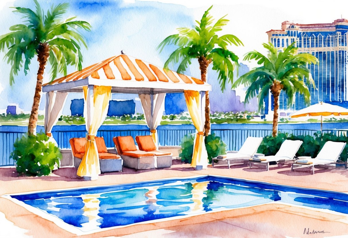 A poolside cabana with palm trees, sun loungers, and a view of the Las Vegas Strip