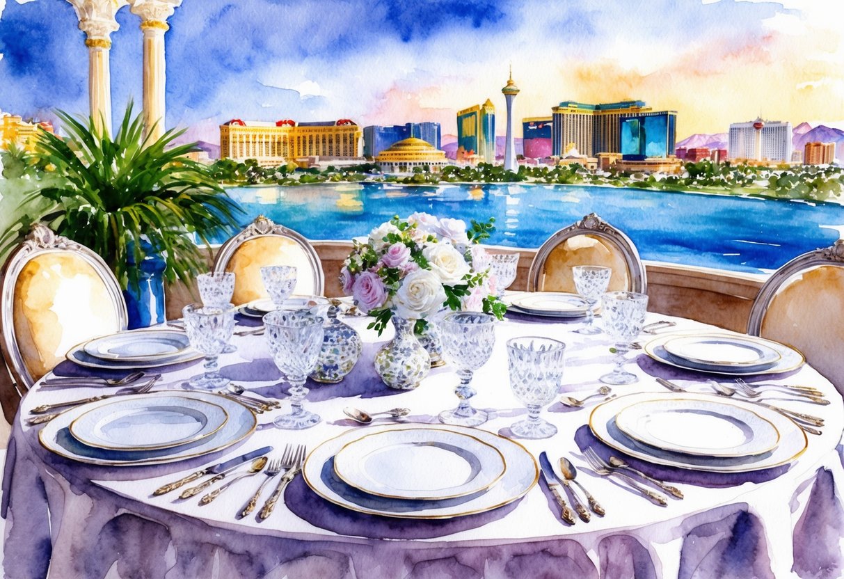 A luxurious table setting with fine china, crystal glassware, and elegant silverware, surrounded by opulent decor and a stunning view of the Las Vegas skyline
