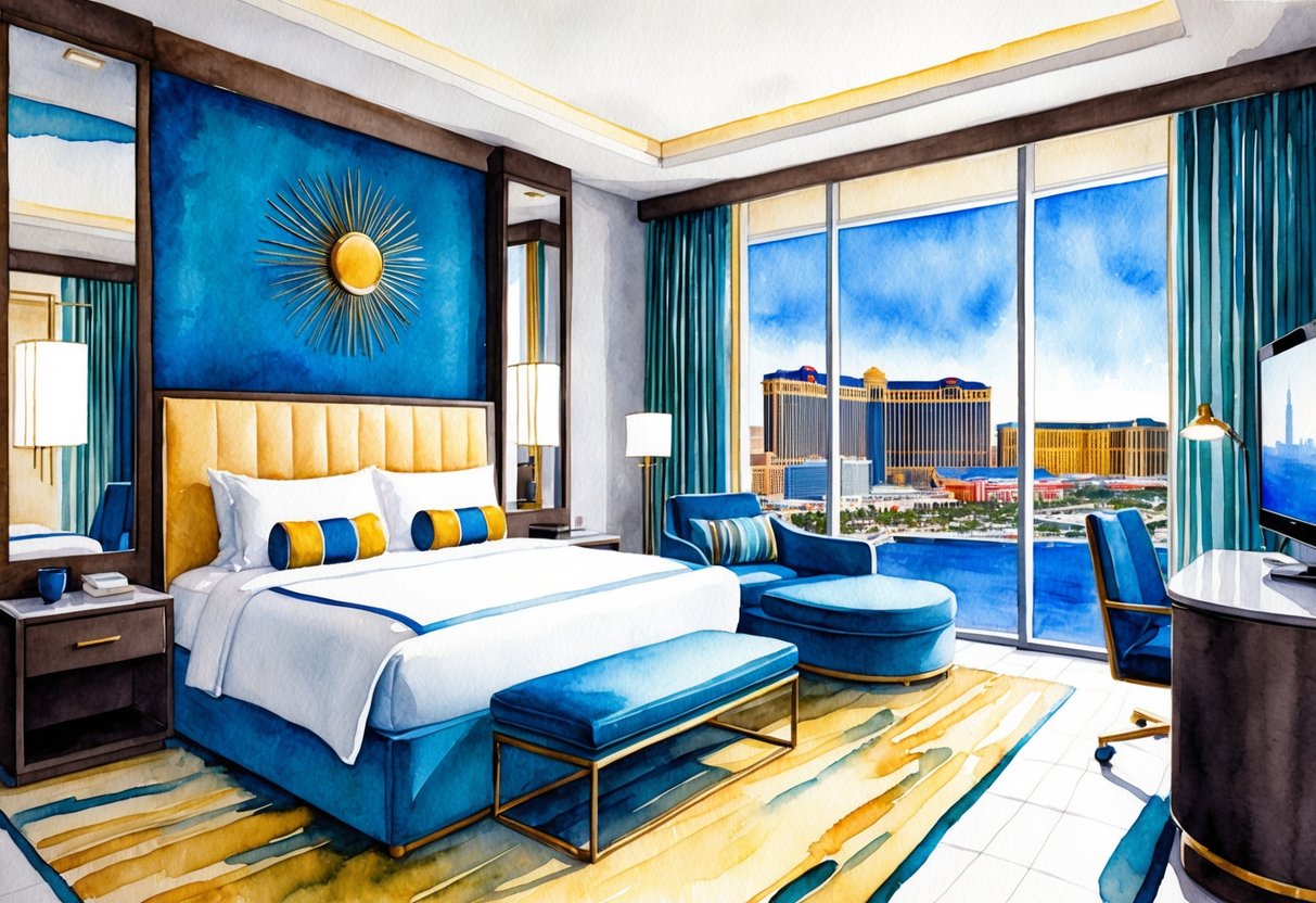 A luxurious hotel room with a king-sized bed, modern furnishings, a spacious bathroom, and a stunning view of the Las Vegas Strip