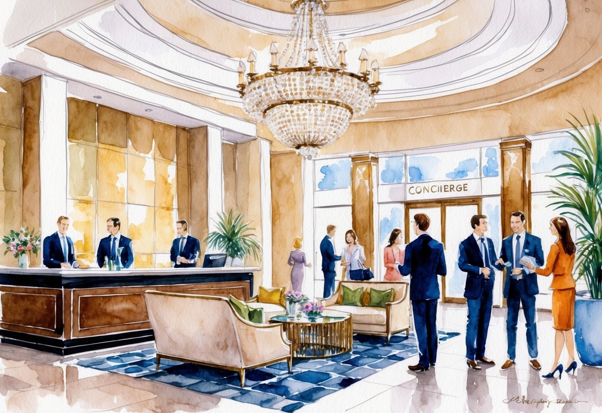 A luxurious hotel lobby with a concierge desk, plush seating, and a grand chandelier. Guests mingle while staff assist with check-in and offer refreshments