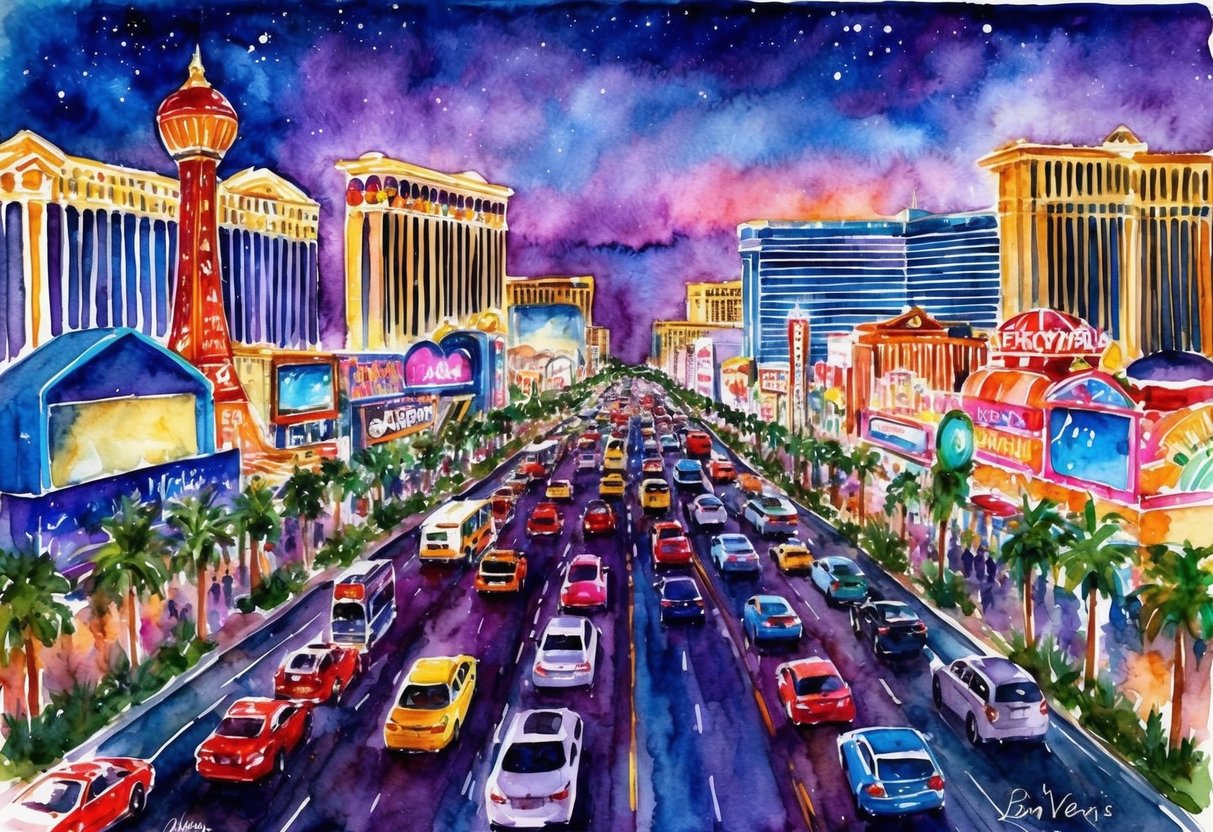 A vibrant Las Vegas strip at night, with colorful neon lights, bustling casinos, and lively entertainment venues