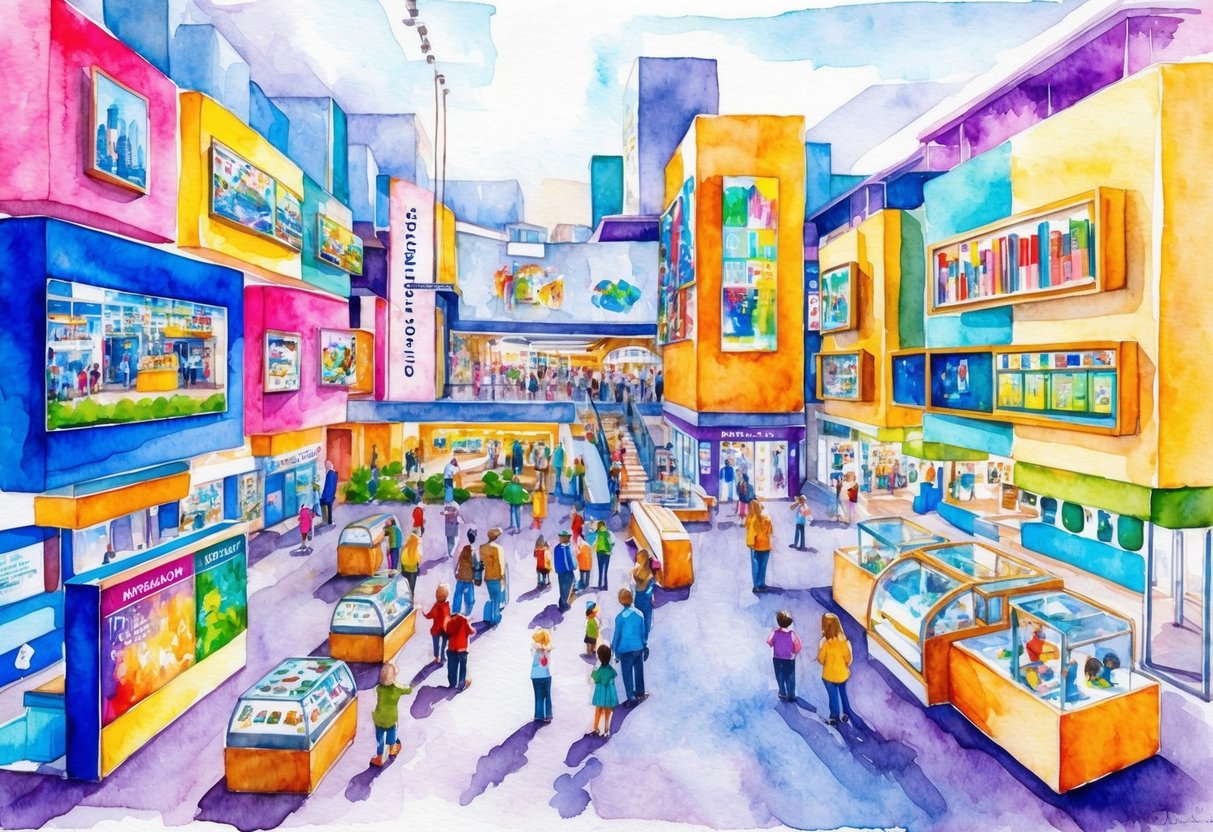 A bustling museum with colorful exhibits and interactive displays in the heart of Las Vegas, surrounded by vibrant educational and cultural attractions