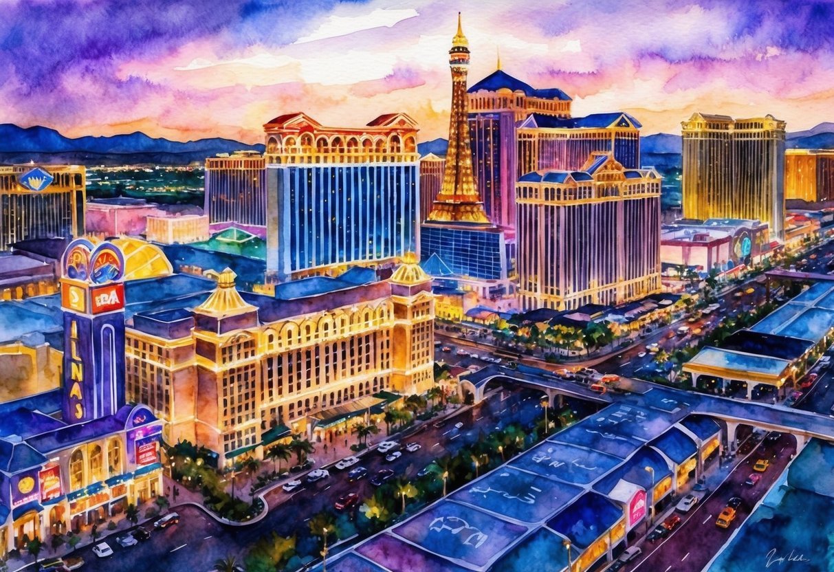 A vibrant Las Vegas skyline at dusk, with iconic casino buildings illuminated in neon lights and the famous Strip bustling with activity