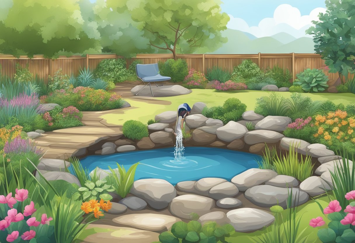 A person digs a hole, places the preformed pond inside, and fills it with water. Rocks and plants surround the pond, creating a natural look