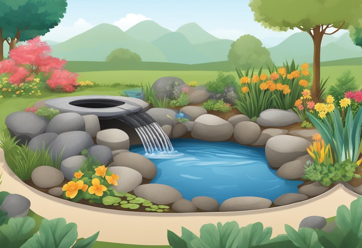 A person digs a hole, places a preformed pond liner, and fills it with water. Rocks and plants surround the pond. A pump and filter are installed for water management