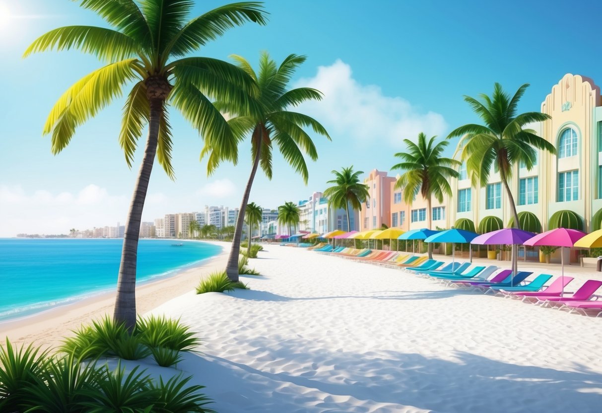 Palm trees sway on a white sand beach, with turquoise waters and colorful beach umbrellas. A row of pastel-colored Art Deco buildings lines the shore