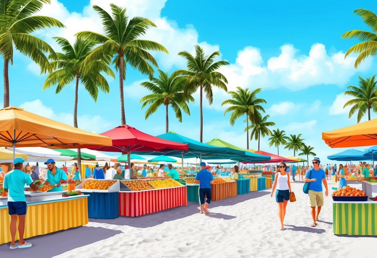 A bustling outdoor food market with colorful stalls and delicious aromas, surrounded by palm trees and beachgoers in Miami Beach, Florida