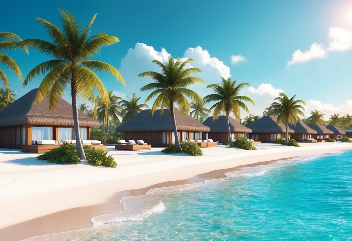 A serene beachfront spa with palm trees, white sand, and crystal clear waters, surrounded by luxurious retreat villas