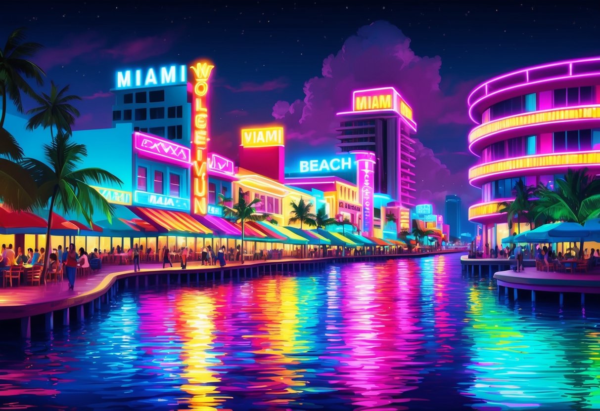 Colorful neon lights illuminate the vibrant Miami Beach nightlife, with lively music and entertainment filling the air