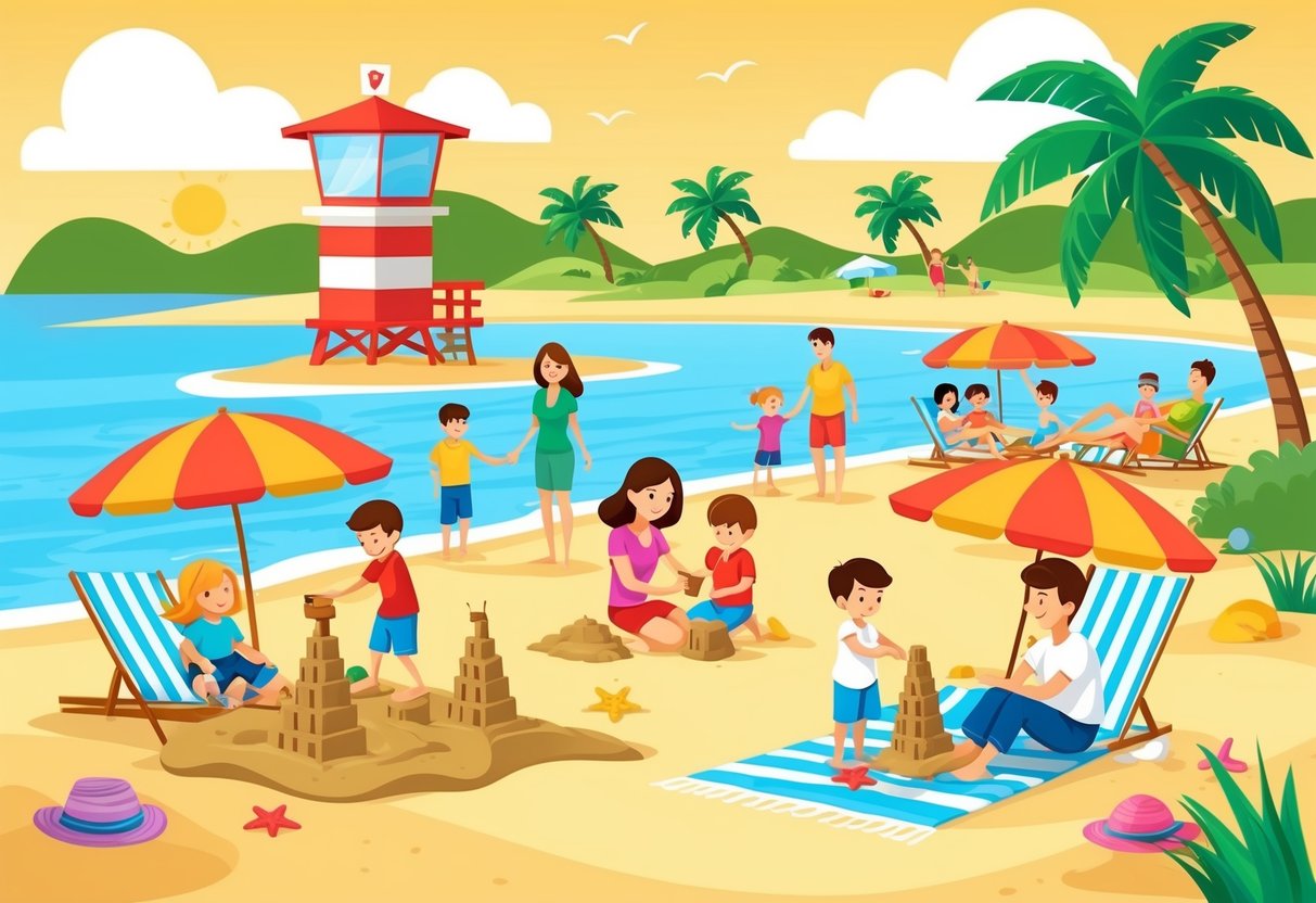 A colorful beach scene with families playing in the sand, children building sandcastles, and parents relaxing under umbrellas. A lifeguard tower and palm trees line the shore