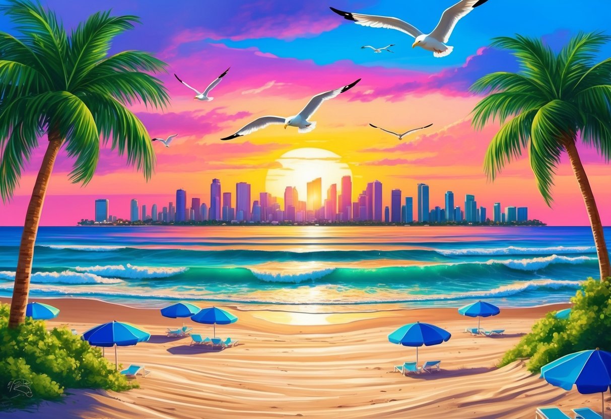 A vibrant sunset over the Miami Beach skyline, with palm trees and beach umbrellas dotting the sandy shore. Waves gently roll onto the beach as seagulls soar overhead