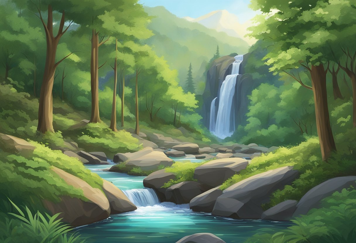 A serene forest clearing with a rocky slope and a meandering stream, surrounded by lush green foliage and tall trees. A small waterfall cascades down the rocks into a crystal-clear pool below