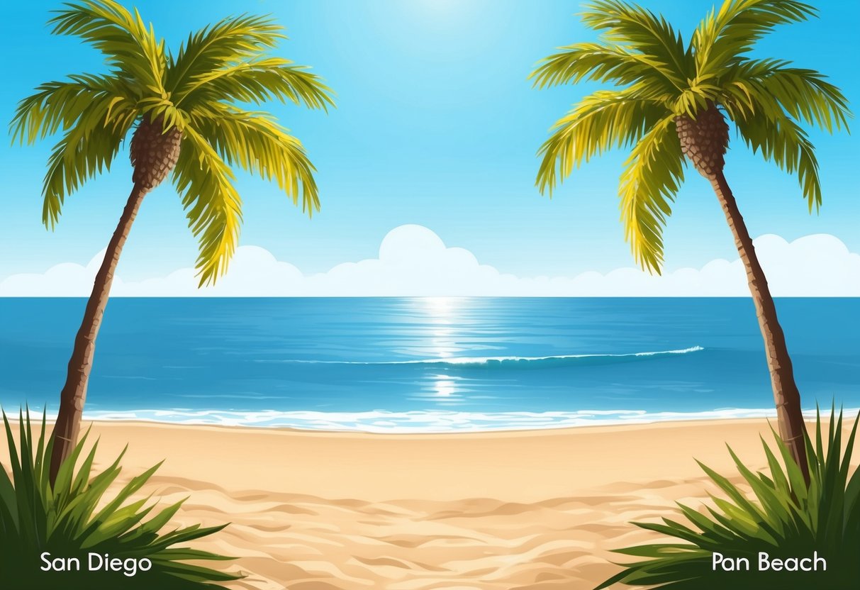 A sunny San Diego beach with palm trees, a calm ocean, and a clear blue sky