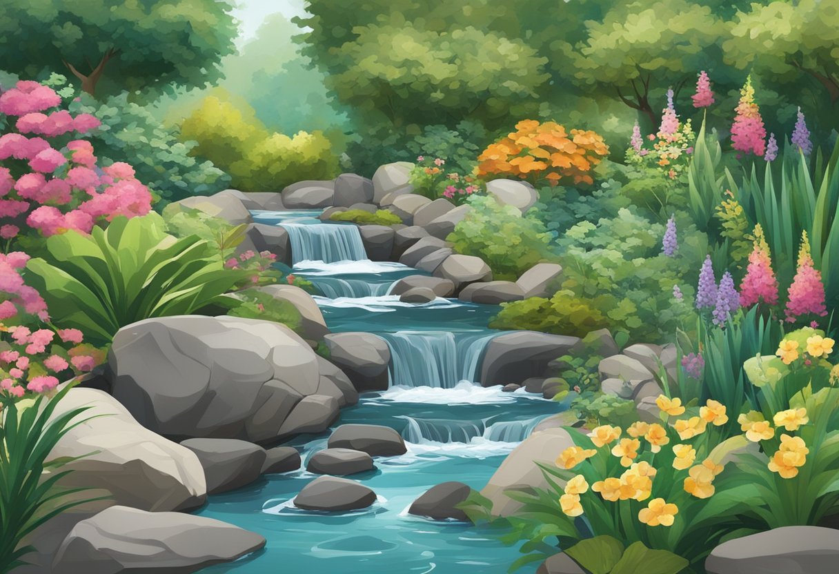 A serene garden with a bubbling stream, surrounded by rocks and lush vegetation, with a variety of tools and materials scattered around