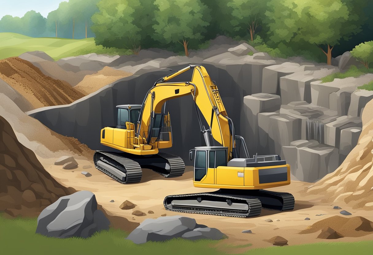 An excavated site with heavy machinery preparing for a waterfall or stream installation, including digging, leveling, and shaping the landscape